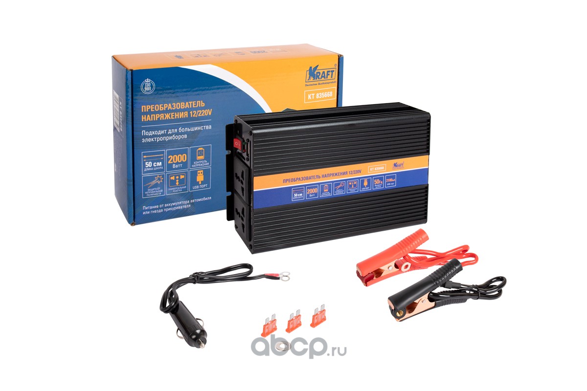 Купить Kraft KT835668 Инвертор автомобильный 12/220V P=2000W по выгодной  цене с доставкой по всей России.