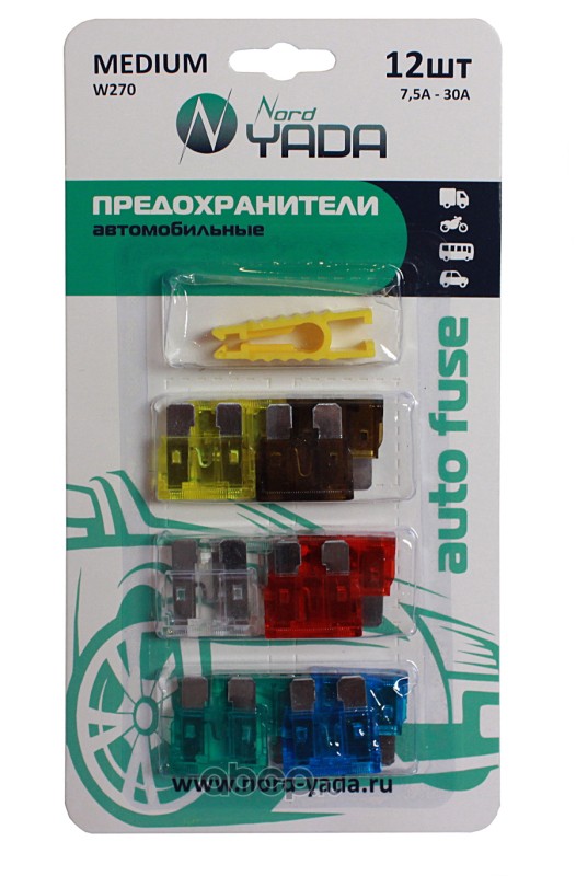 NORD YADA 902258 Предохранитель MEDIUM (стандарт) набор 12шт. с пинцетом (7.5,10,15,20,25,30А по 2шт.)