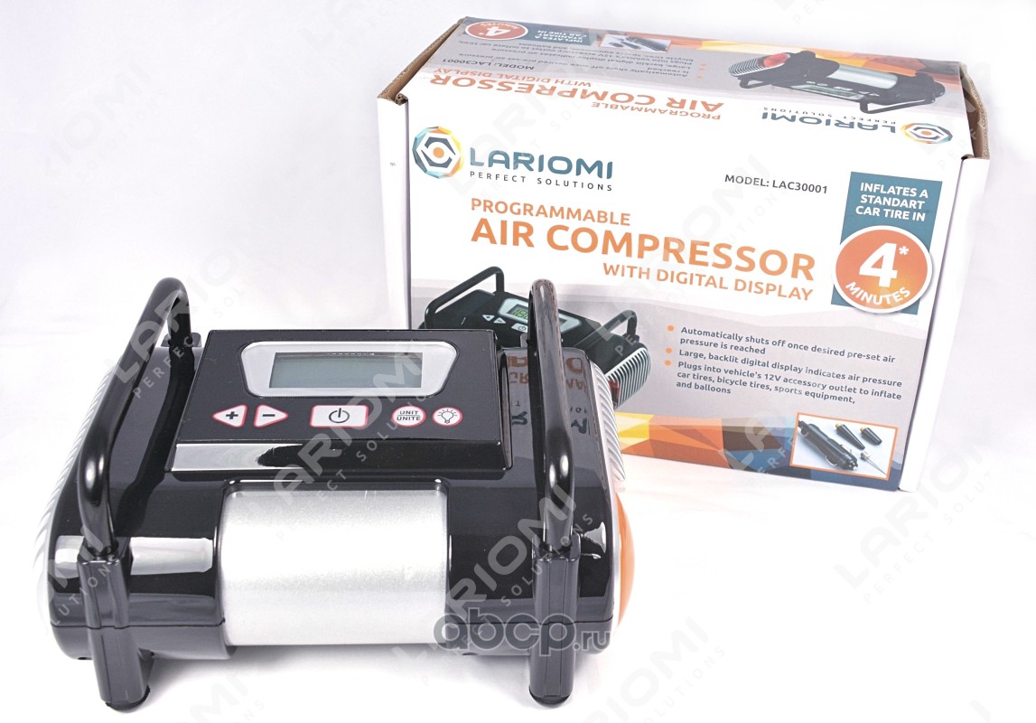 LARIOMI LAC30001 КОМПРЕССОРВОЗДУШНЫЙ АВТОМОБИЛЬНЫЙ С ЦИФРОВЫМ ДИСПЛЕЕМ, 12V, 100PSI, 25ЛМИН, 7АТМ