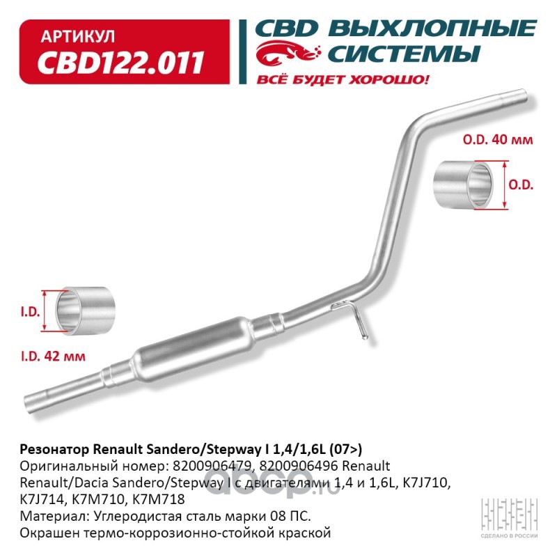 CBD CBD122011 Резонатор Renault Sandero/Stepway I 1,4/1,6L (07>)