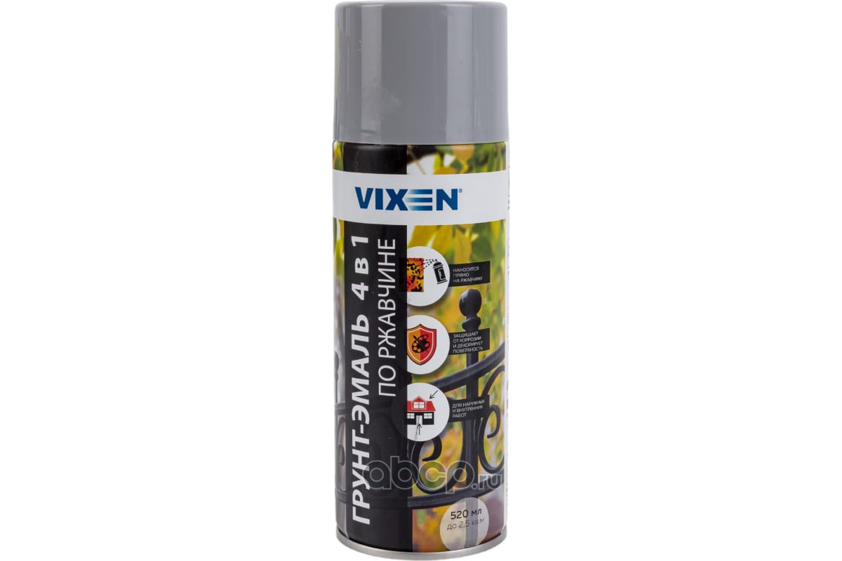 Vixen VX517040 Грунт-эмаль по ржавчине 4 в 1, серое окно (RAL 7040), аэрозоль 520 мл