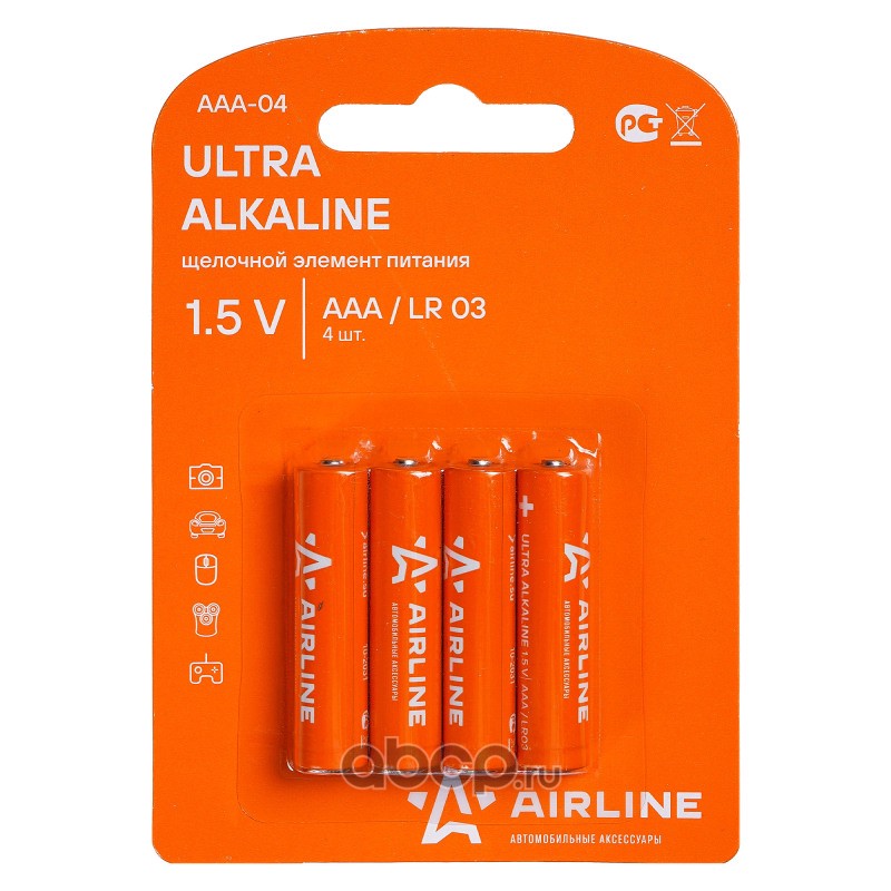 AIRLINE AAA04 Батарейки LR03/AAA щелочные 4 шт. блистер (мизинчиковые)