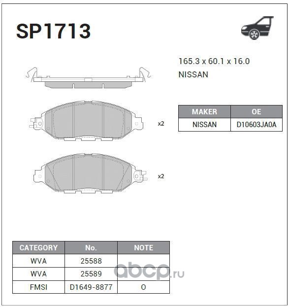 Sangsin brake SP1713 Колодки тормозные передние SP1713