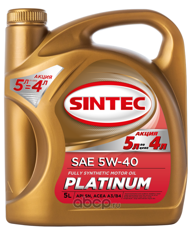 SINTEC 801994 Масло моторное PLATINUM SAE 5W-40 API SN, ACEA A3/B4 Акция 5л по цене 4л