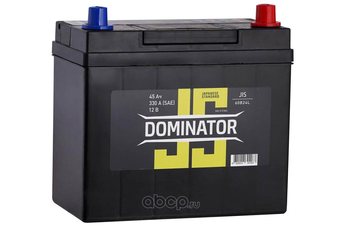 DOMINATOR 545315062 Автомобильный аккумулятор 45 Ач (0) тонкие клеммы с переходником на стандартные asia (60B24L) 330 A (SAE)