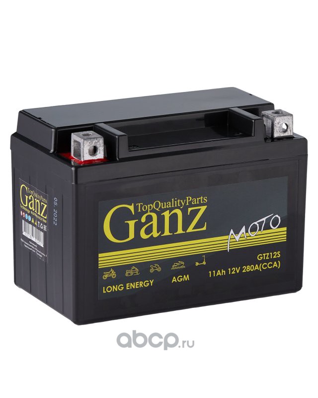 GANZ GN1211 Аккумулятор GANZ мото AGM 11 А/ч Прямая 150x87x110 CCA280 А  GTZ12S (12 А/ч)