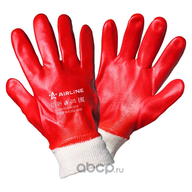 AIRLINE AWGO04 Перчатки рабочие с полным ПВХ покрытием кисти, МБС (XL), красные (AWG-O-04)
