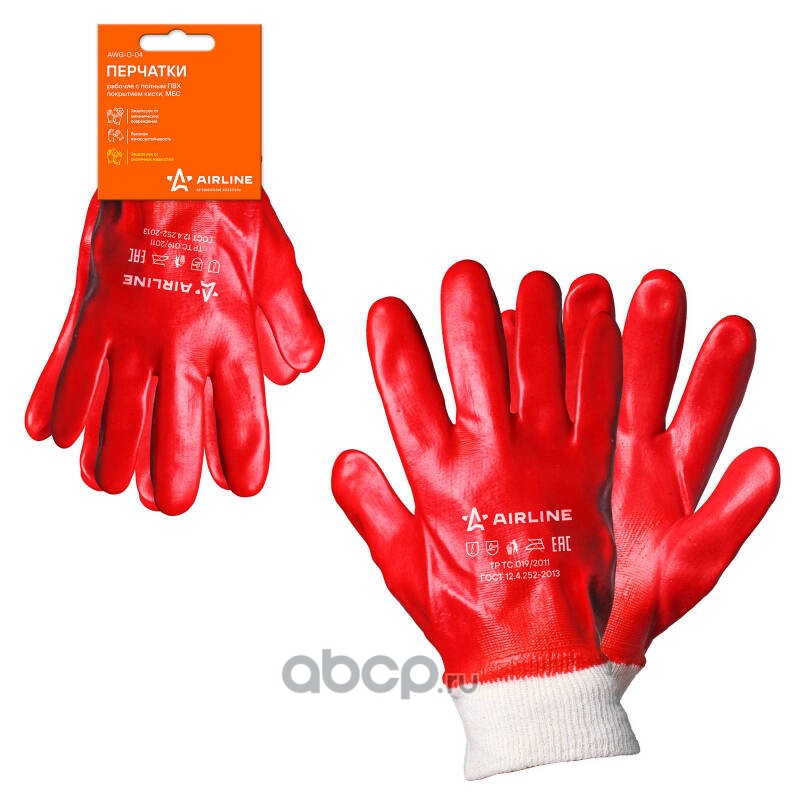 AIRLINE AWGO04 Перчатки рабочие с полным ПВХ покрытием кисти, МБС (XL), красные (AWG-O-04)