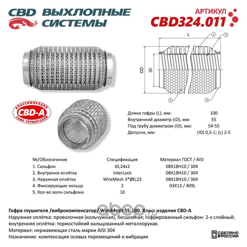 CBD CBD324011 Гофра глушителя 3х-сл WIRE MESH 55-100.