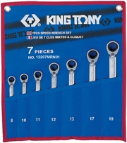 KING TONY 12207MRN01 Набор комбинированных трещоточных ключей, 8-19 мм, чехол из теторона, 7 предметов