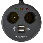 AIRLINE ASP2U12 Прикуриватель-разветвитель 2 гнезда + 2USB в подстаканник с индикат.заряд.АКБ обрезин. (ASP-2U-12)