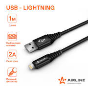 AIRLINE ACHI24 Кабель USB - Lightning (Iphone/IPad) 1м, черный нейлоновый (ACH-I-24)