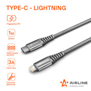 AIRLINE ACHIPD26 Кабель Type-C - Lightning (Iphone/IPad) поддержка PD 1м, черный нейлоновый (ACH-IPD-26)